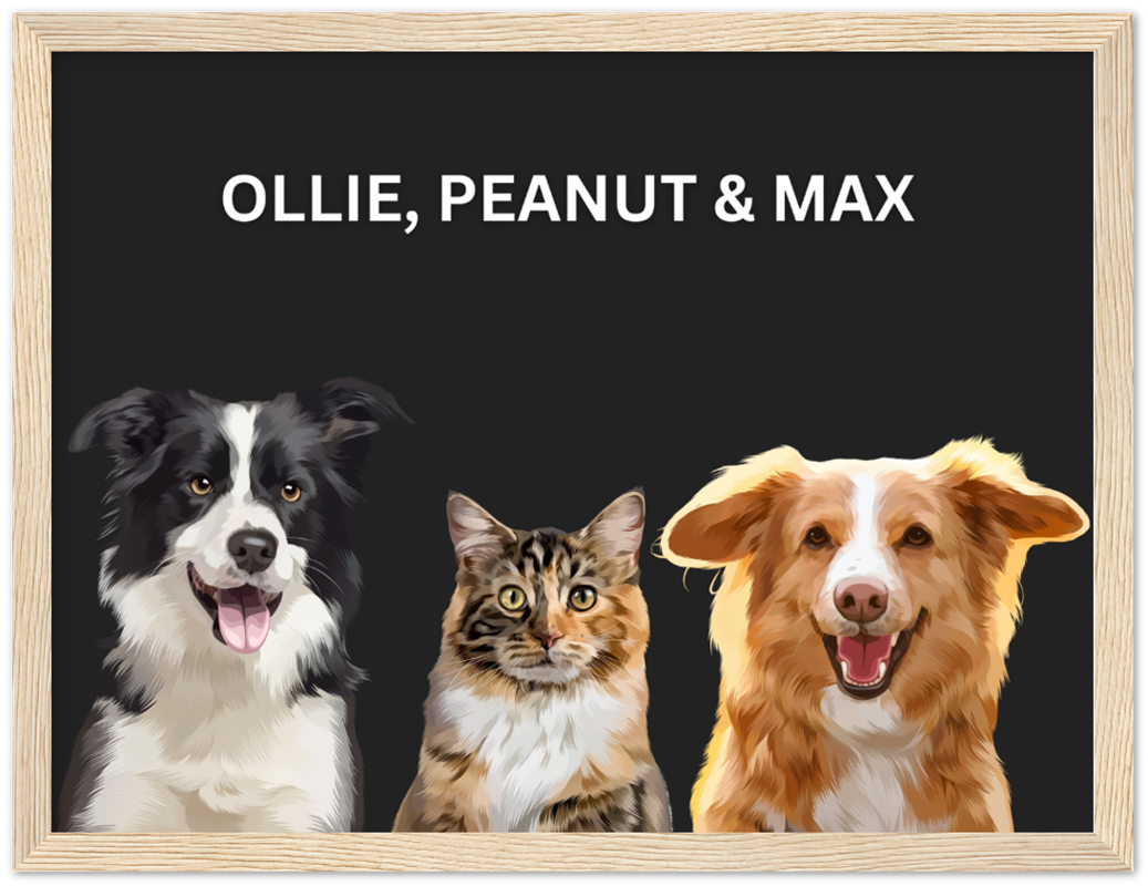 Wood Framed Three Pet Portrait