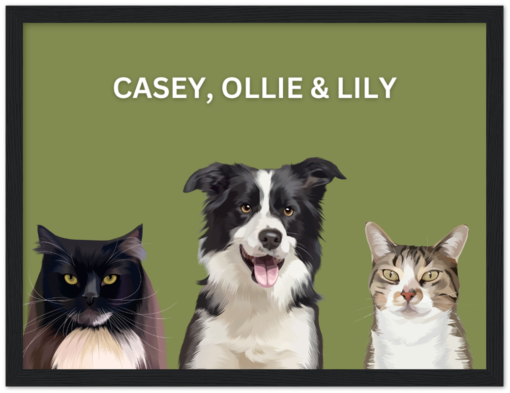 Wood Framed Three Pet Portrait