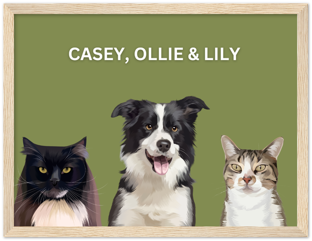 Wood Framed Three Pet Portrait