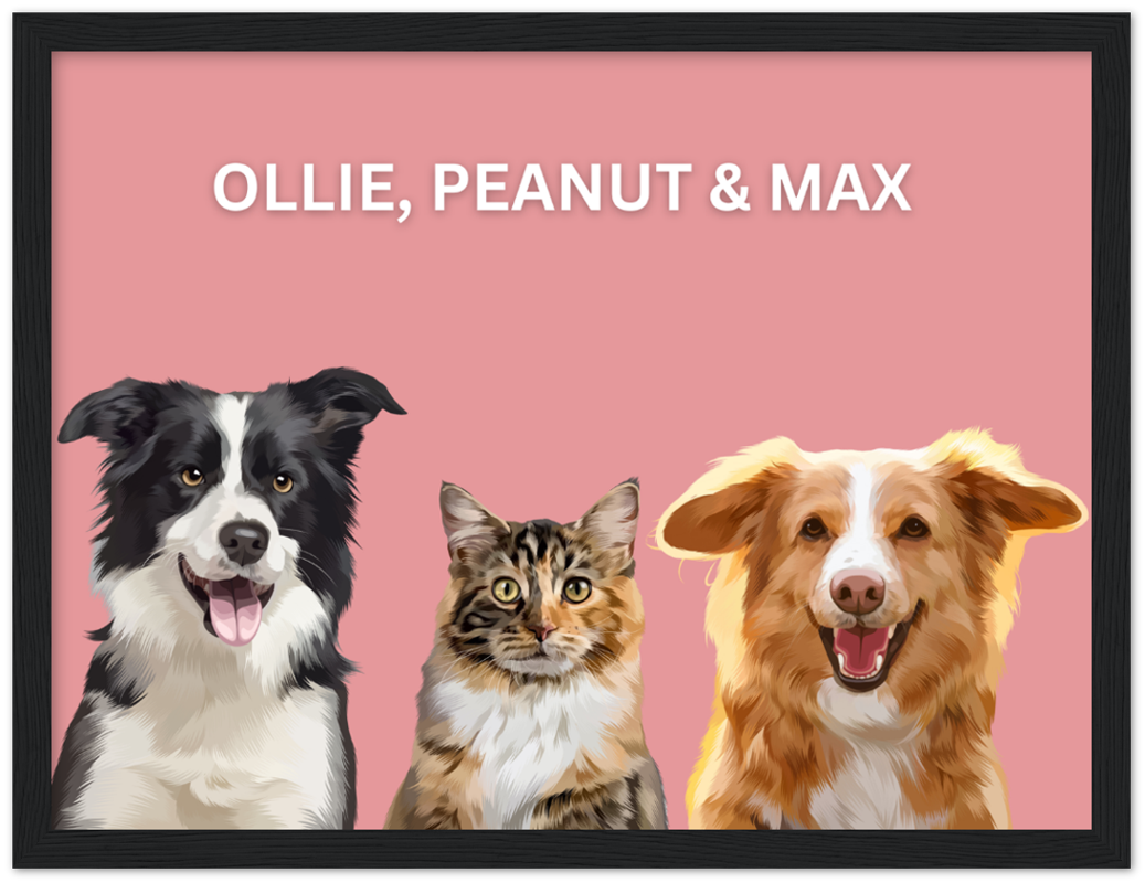 Wood Framed Three Pet Portrait