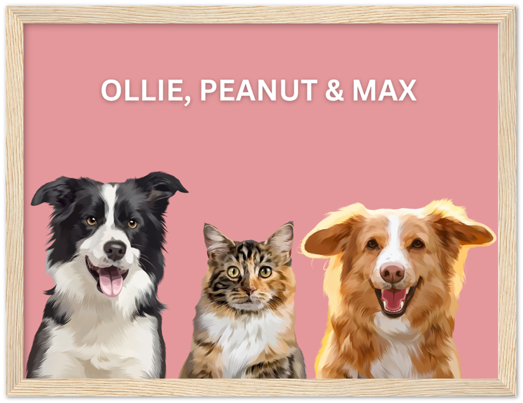 Wood Framed Three Pet Portrait