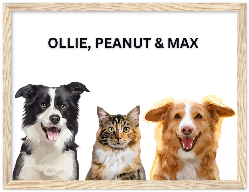Wood Framed Three Pet Portrait